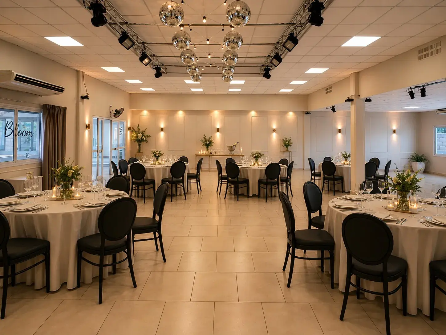 Salón Bloom montado con mesas redondas y luces cálidas