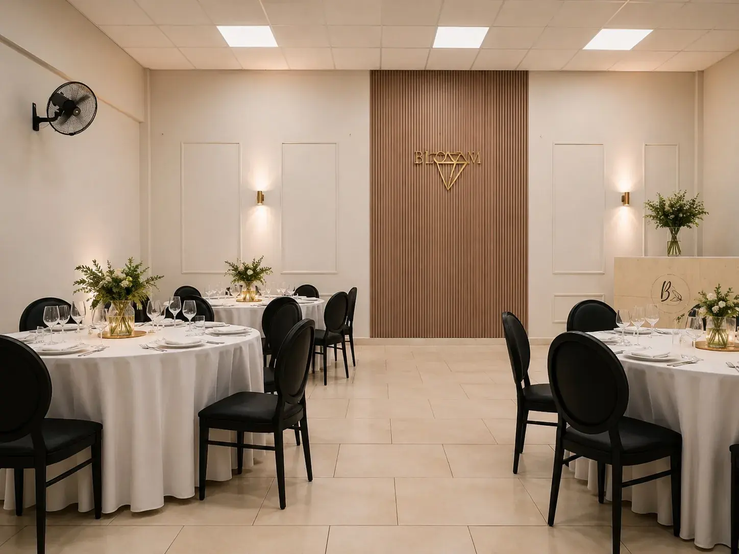 Sector del salón montado con panel y logo